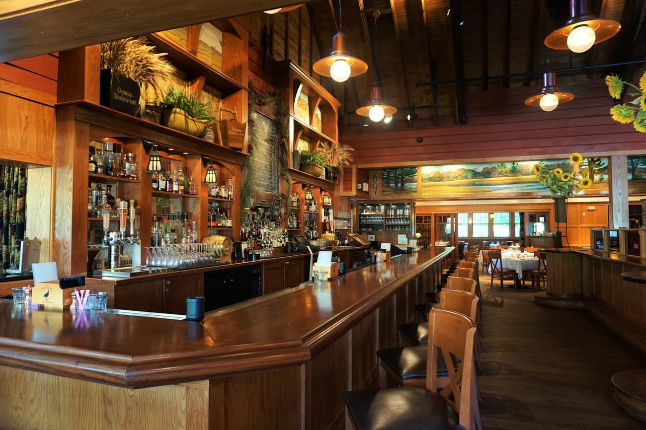 The long wooden bar with beer taps, backed by a painted landscape mural